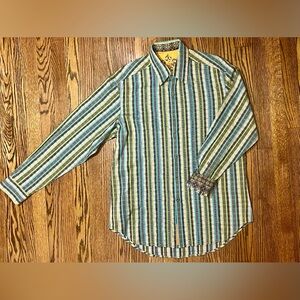 Robert Graham Long Sleeve Shirt Mens Medium Flip Cuff Stripe Silk Floral Trim